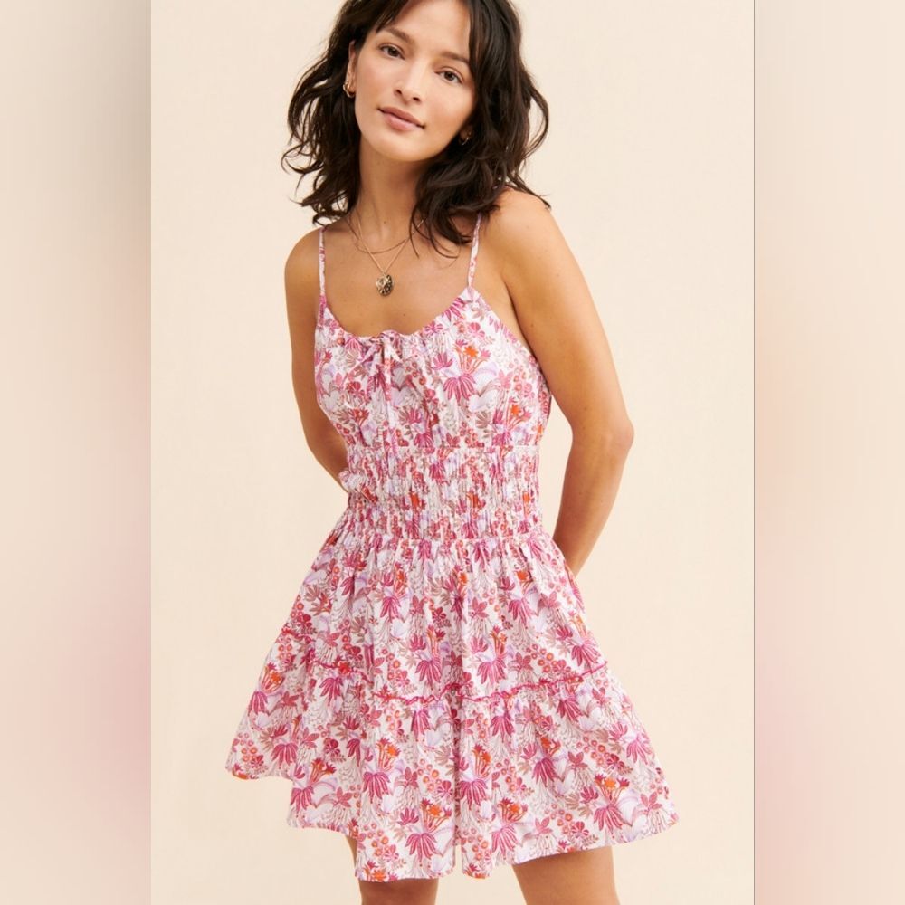 Lusana Rosa Mini Dress Pink‎ Ruched Smocked Mini Dress Size 8
